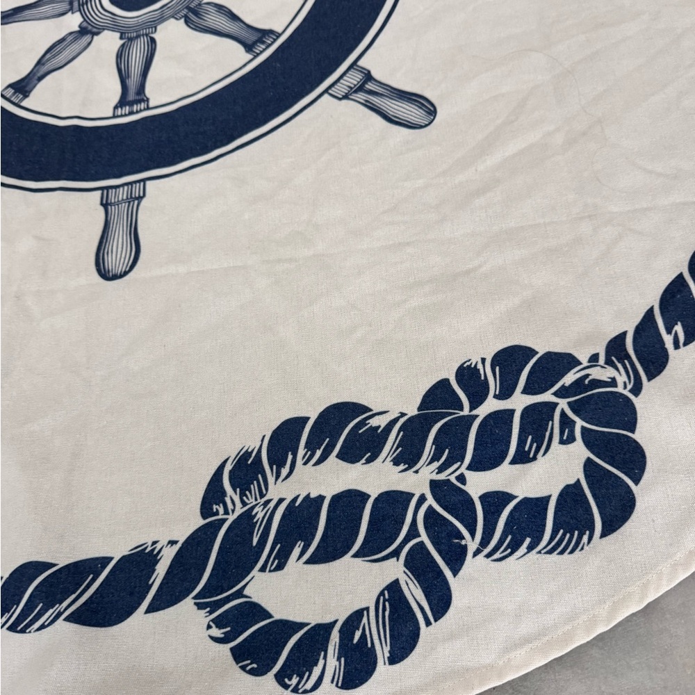 Nautical Round Table Cloth with Ship Wheel & Rope Design - Navy on White 53.5” - Picture 4 of 6